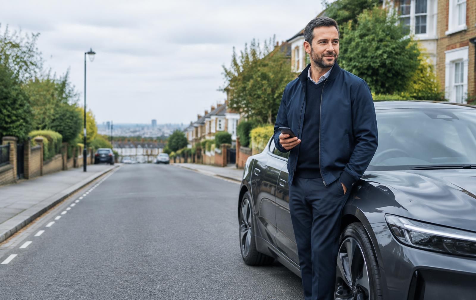 Private-hire driver beside his car on a UK street